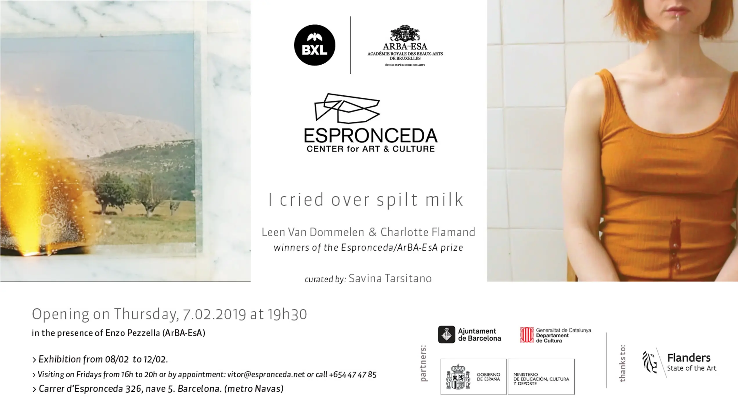 Promotional image for 'I Cried Over Spilt Milk' by Leen Van Dommelen and Charlotte Flamand, winners of the Espronceda/Arba-Esa Prize, presented at Espronceda Institute of Art & Culture in Barcelona.