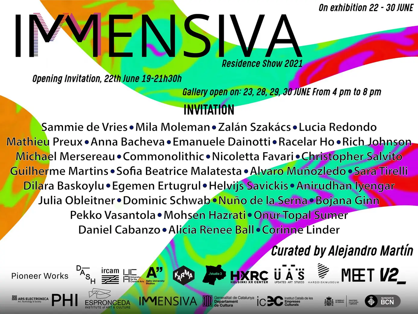 Exhibition view of the IMMENSIVA Residence Show 2021 at Espronceda Institute of Art & Culture in Barcelona, showcasing immersive and XR art projects.
