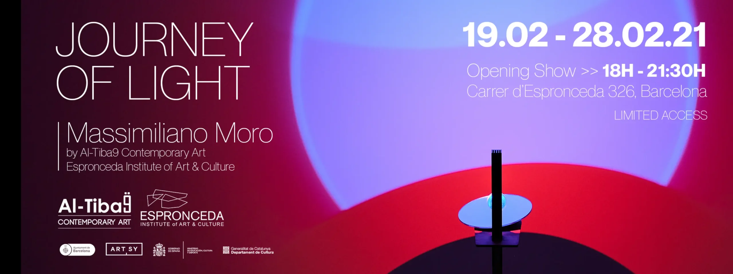 Promotional banner for 'Journey of Light', a site-specific light installation exhibition by Massimiliano Moro presented at Espronceda Institute of Art & Culture in Barcelona in collaboration with Al-Tiba9 Contemporary Art.