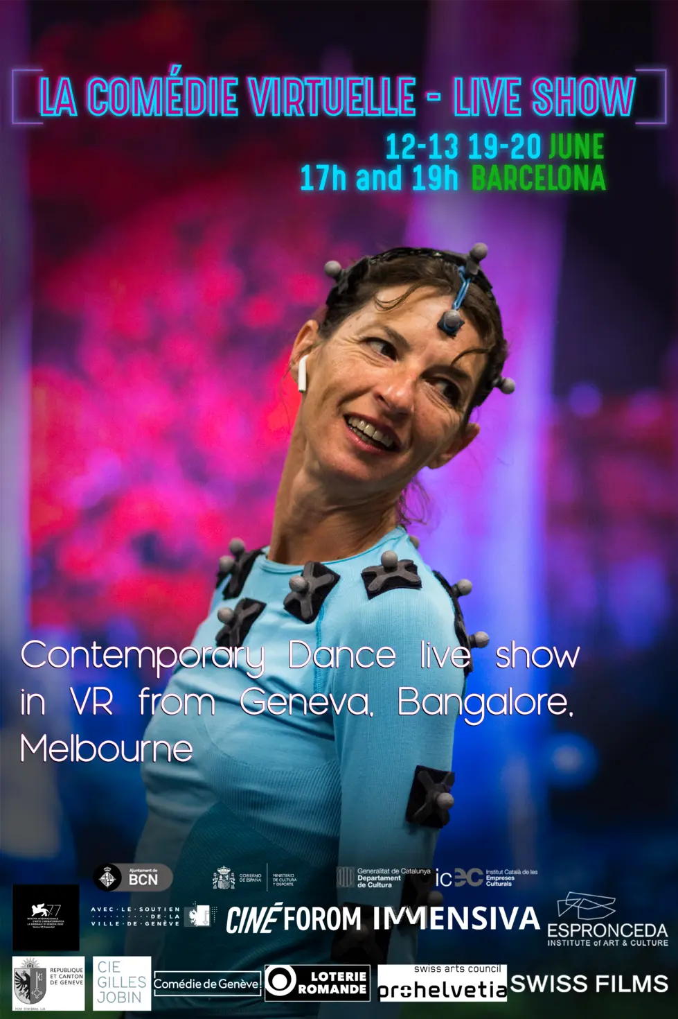 Flyer of La Comédie Virtuelle by Cie Gilles Jobin, a multi-user virtual reality experience presented at Espronceda, center of art and culture in Barcelona.