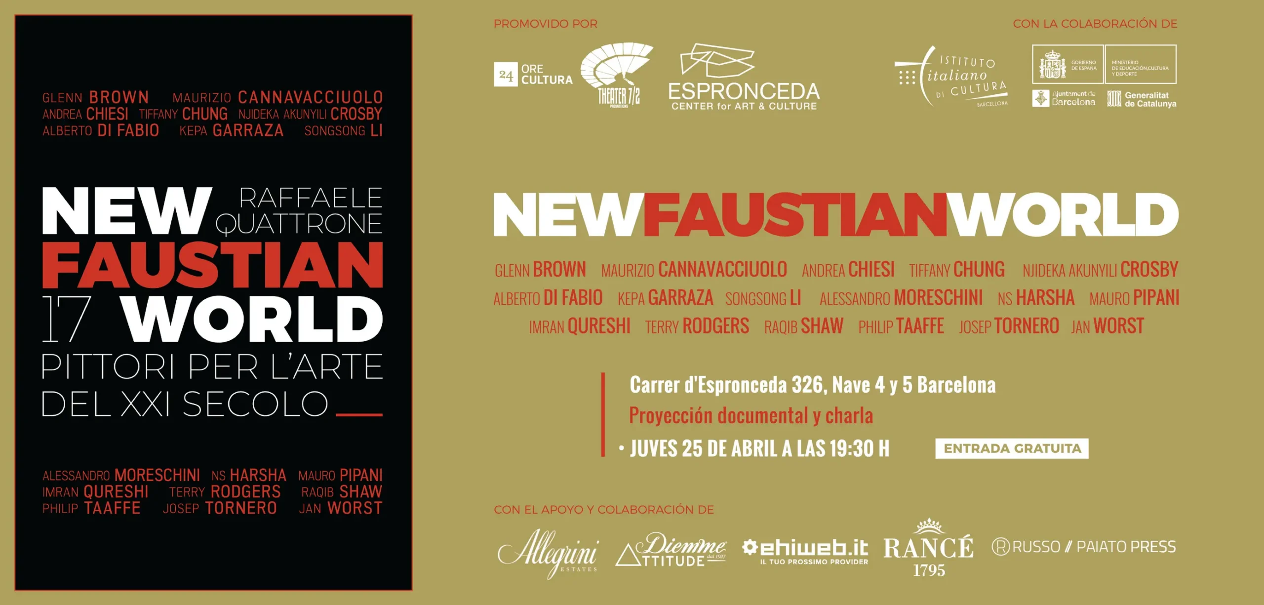 Invitation card for the New Faustian World book presentation and documentary screening at Espronceda, the art and culture center in Barcelona.