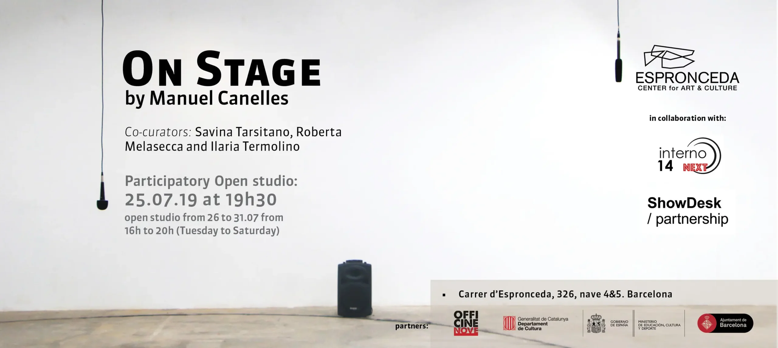 Flyer promotional of the project On Stage by Manuel Canelles, a sound and participatory art event presented at Espronceda, center of art and culture in Barcelona.