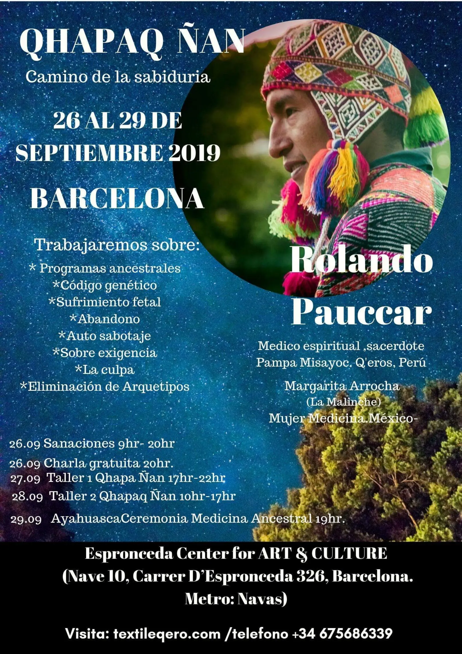 Cartel del evento Qhapaq Ñan – Camino de la Sabiduría en Espronceda, centro de arte y cultura de Barcelona, con talleres de sanación ancestral andina y ceremonia de Ayahuasca.