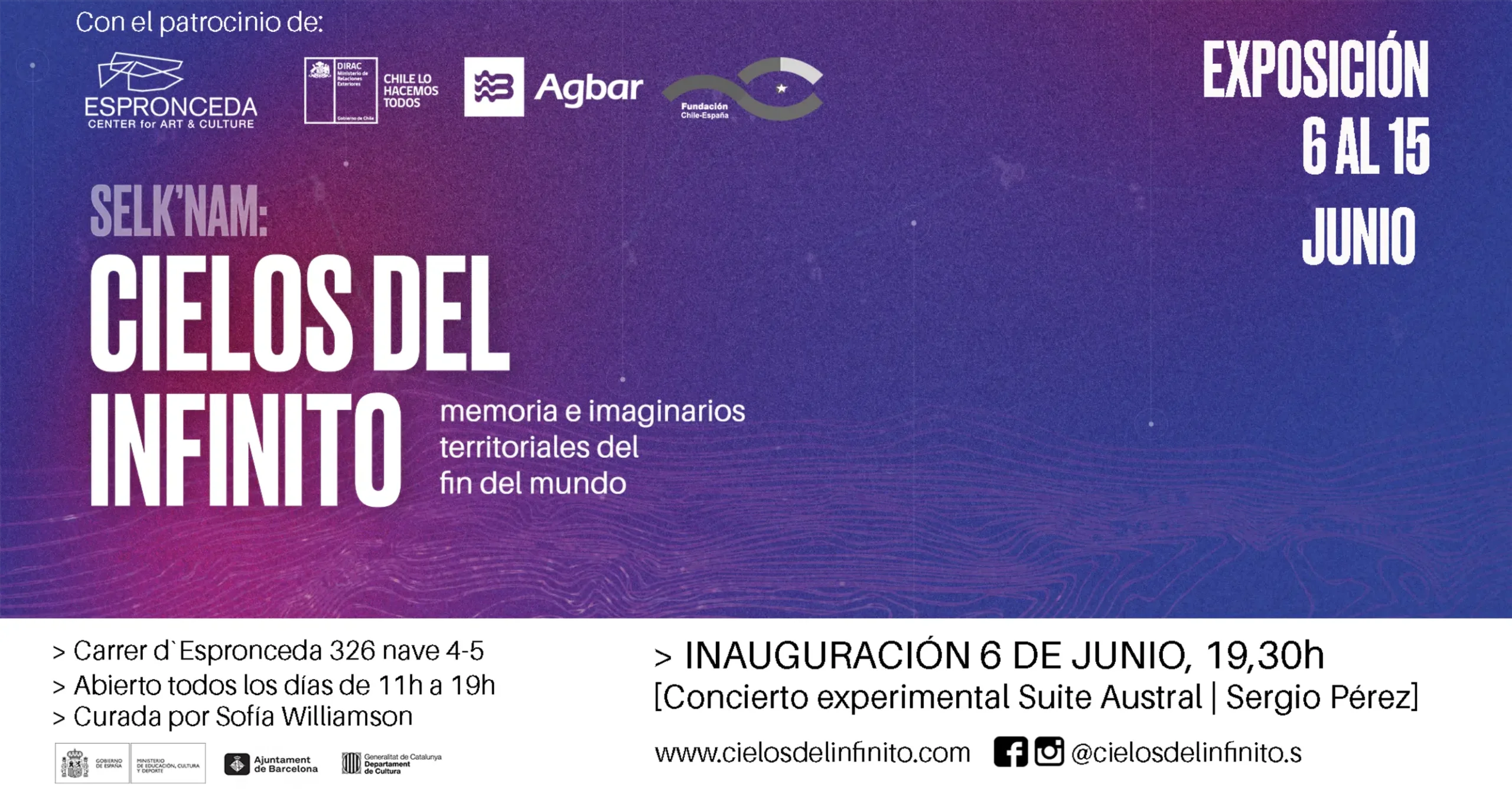 Invitation card for the exhibition Selk'nam: Cielos del Infinito at Espronceda Institute of Art & Culture in Barcelona, exploring the history and worldview of the Selknam people of Tierra del Fuego.