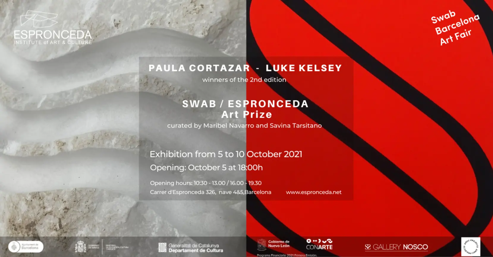 Exhibition view of works by Paula Cortazar and Luke Kelsey, winners of the SWAB / Espronceda Art Prize, at Espronceda Institute of Art & Culture in Barcelona.