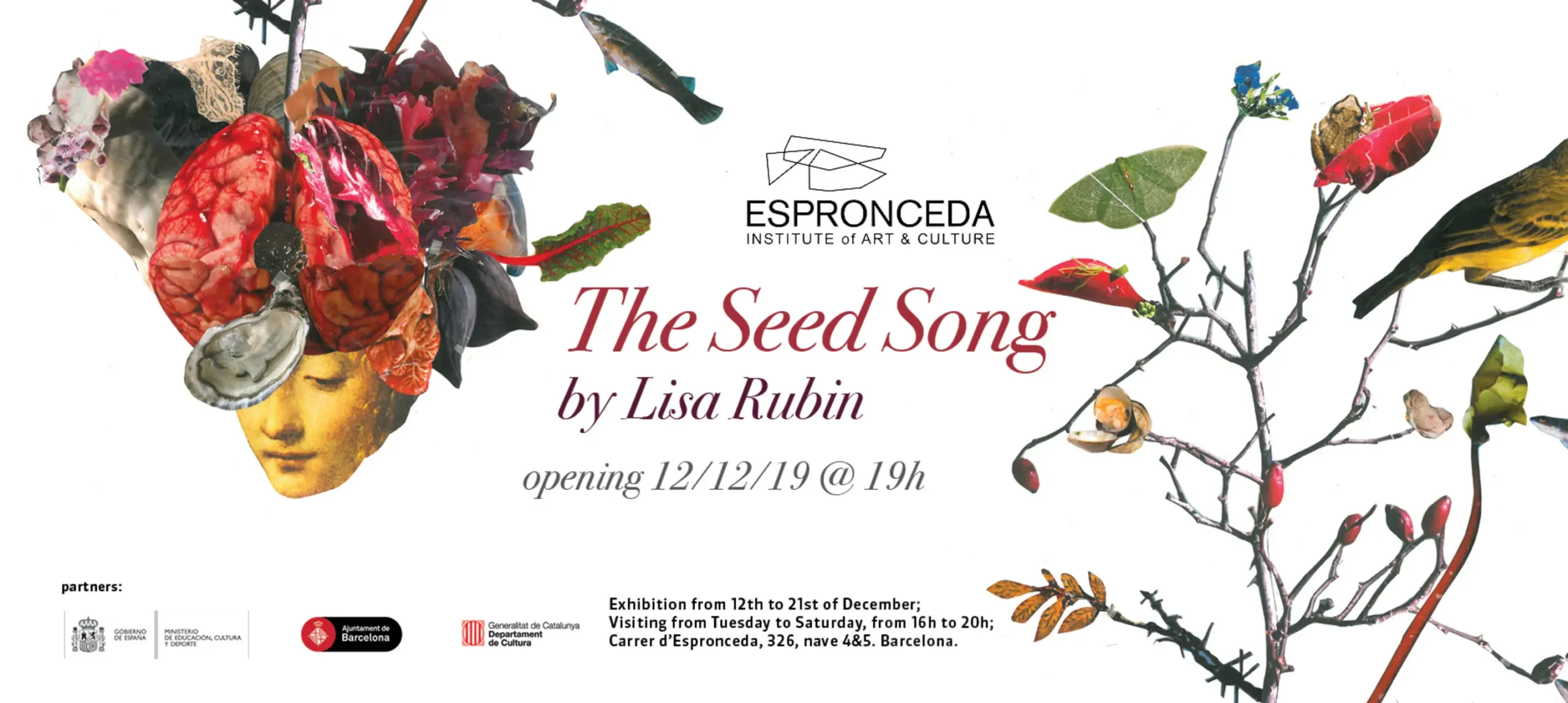 Flyer horizontal de la exposición The Seed Song de Lisa Rubin en Espronceda, centro de arte y cultura de Barcelona, con collages hechos a mano inspirados en ciclos de la naturaleza y figuras femeninas divinas.