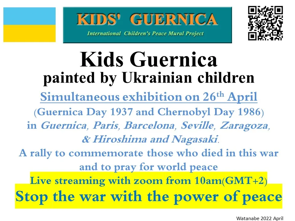 Cartel del proyecto internacional de paz Kids Guernica, presentado en Espronceda, con una exposición simultánea de murales pintados por niños ucranianos el 26 de abril de 2022.