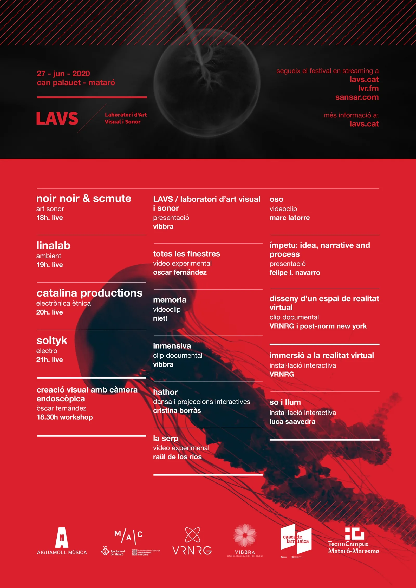 Promotional poster for the LAVS Festival (Laboratori d'Art Visual i Sonor), held on 27 June 2020 at Can Palauet in Mataró, featuring the programme of live electronic music, experimental video, virtual reality and interactive installations, an event supported by Espronceda Institute of Art & Culture in Barcelona.